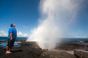 The Taga Blowholes are old lava tubes within the lava fields that line the shore. Here, we watched as the water spurted high into the air every few minutes.