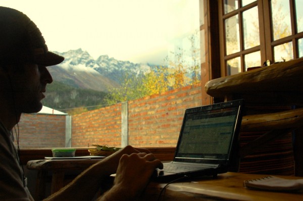Patagonia, Argentina Matador's Senior Editor David Miller snapped a floor / yoga-mat level pic in his kitchen in El Bolson, Patagonia. "I can only sit for limited time at a desk / table. The hammock, or just the floor is a superior workspace for me." In the background, there's fresh snow on the Piltriquitron range.