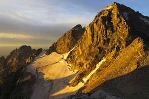 7am sunlight on the Middle Teton and Middle Teton Glacier, as seen from the Lower Saddle.