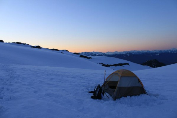 My camp, early dawn, my trusty little tent.