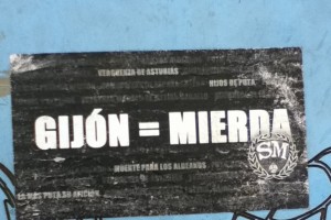 Gijón = Mierda (Shit). This sticker was found on a sign in a park, but are seen all over Oviedo. It shows the true rivalry between the two teams.