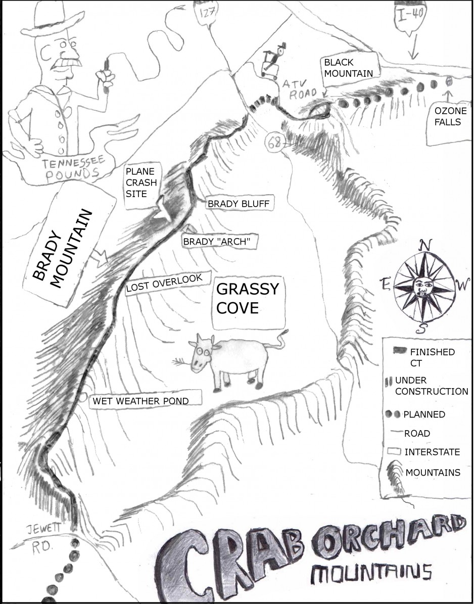A closer view of the Crab Orchard Mountains on the Cumberland Plateau. My father appears top left as Tennessee Pounds.