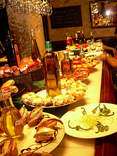Huge spread of pintxos in a Spanish restaurant