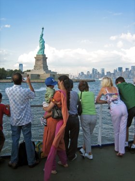 Statue of Liberty and tourists