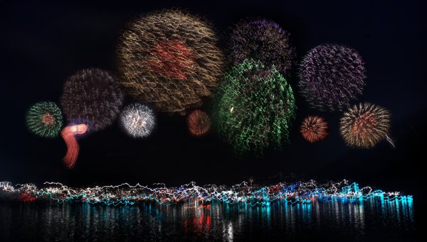 City fireworks over the water