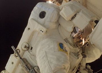 Closeup of astronaut during spacewalk