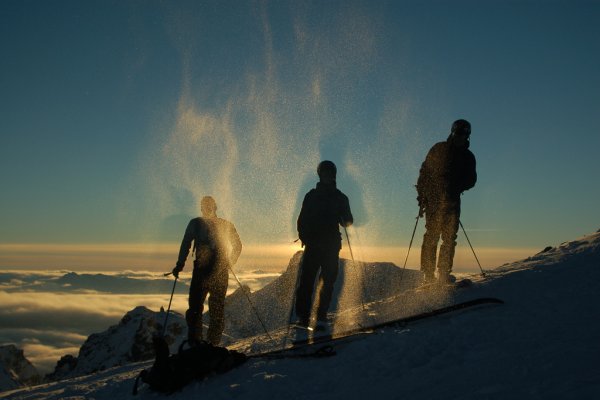 Skiers silhouette, Whistler, BC