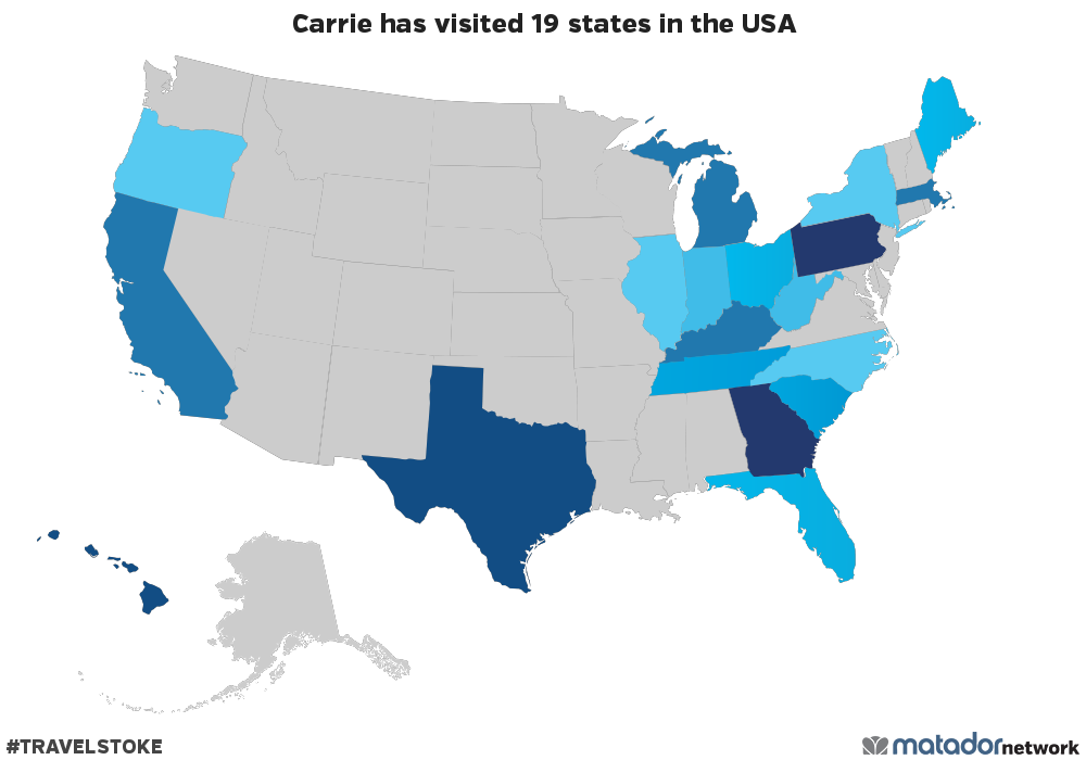 Carrie has been to 19 US States
