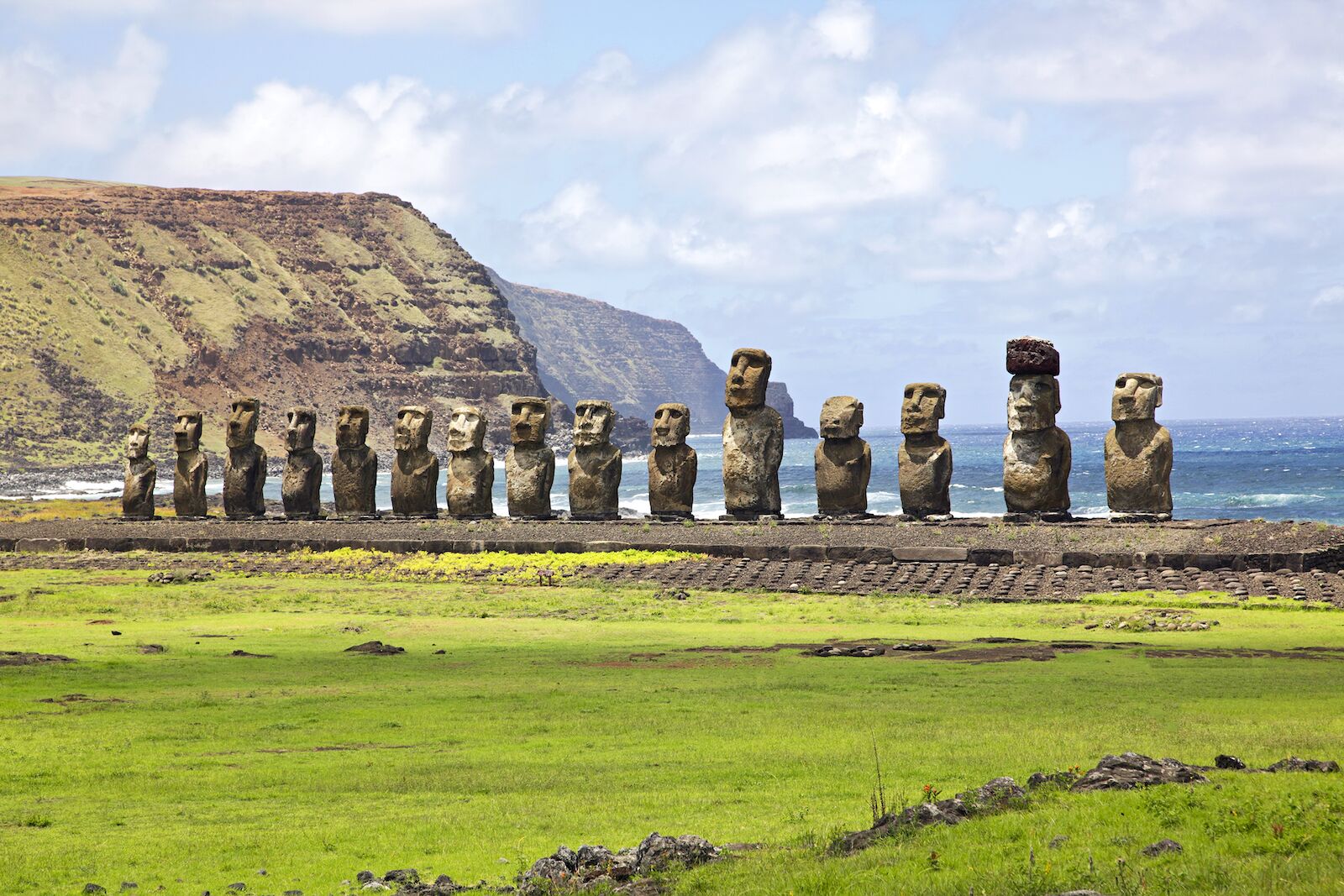Large sculptures made of volcanic rock called Moai and located on Easter Island