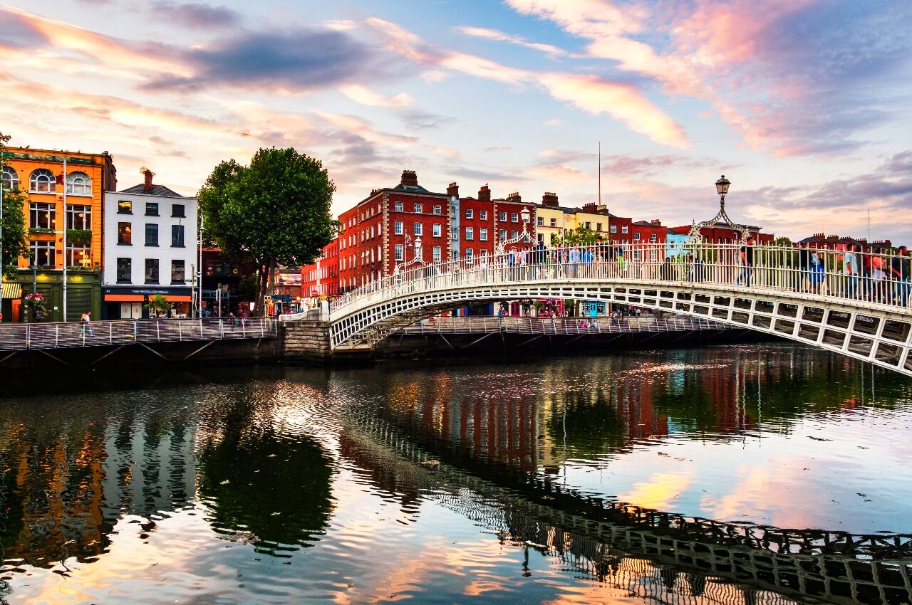 Bridge and colorful houses in Dublin Ireland on of the best gay friendly cities in europe