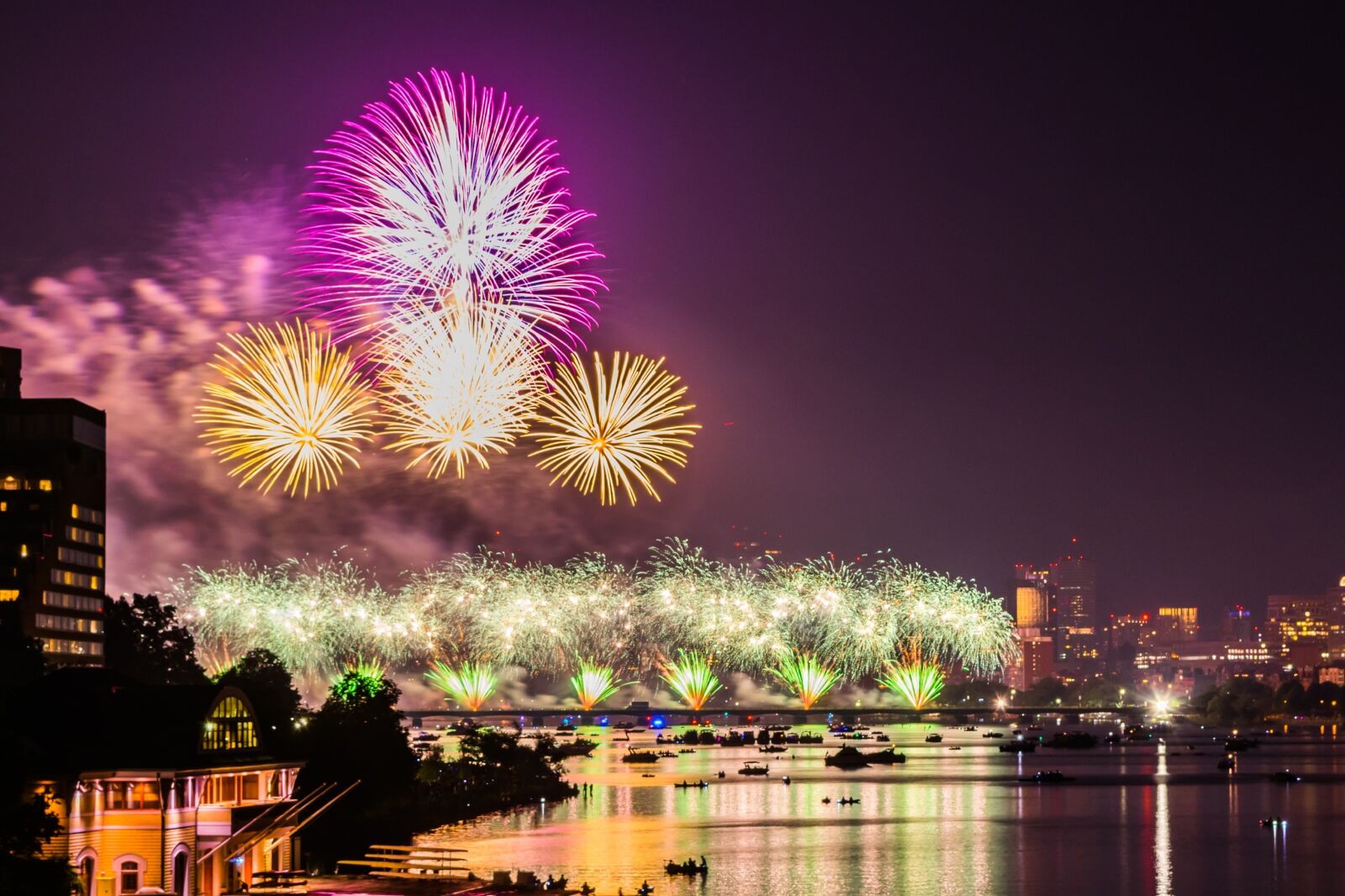 Bright and colorful fireworks wow the city of Boston on the 4th of July