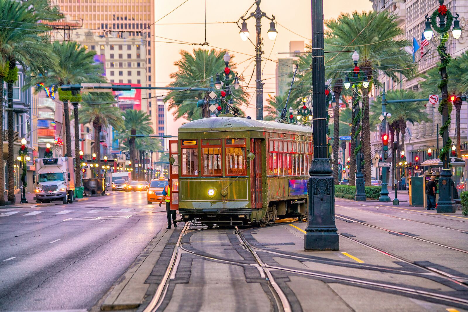 Streetcar in downtown New Orleans, USA at twilight