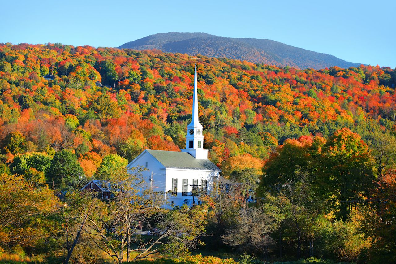 Iconic church in Stowe Vermont sits off of Route 30