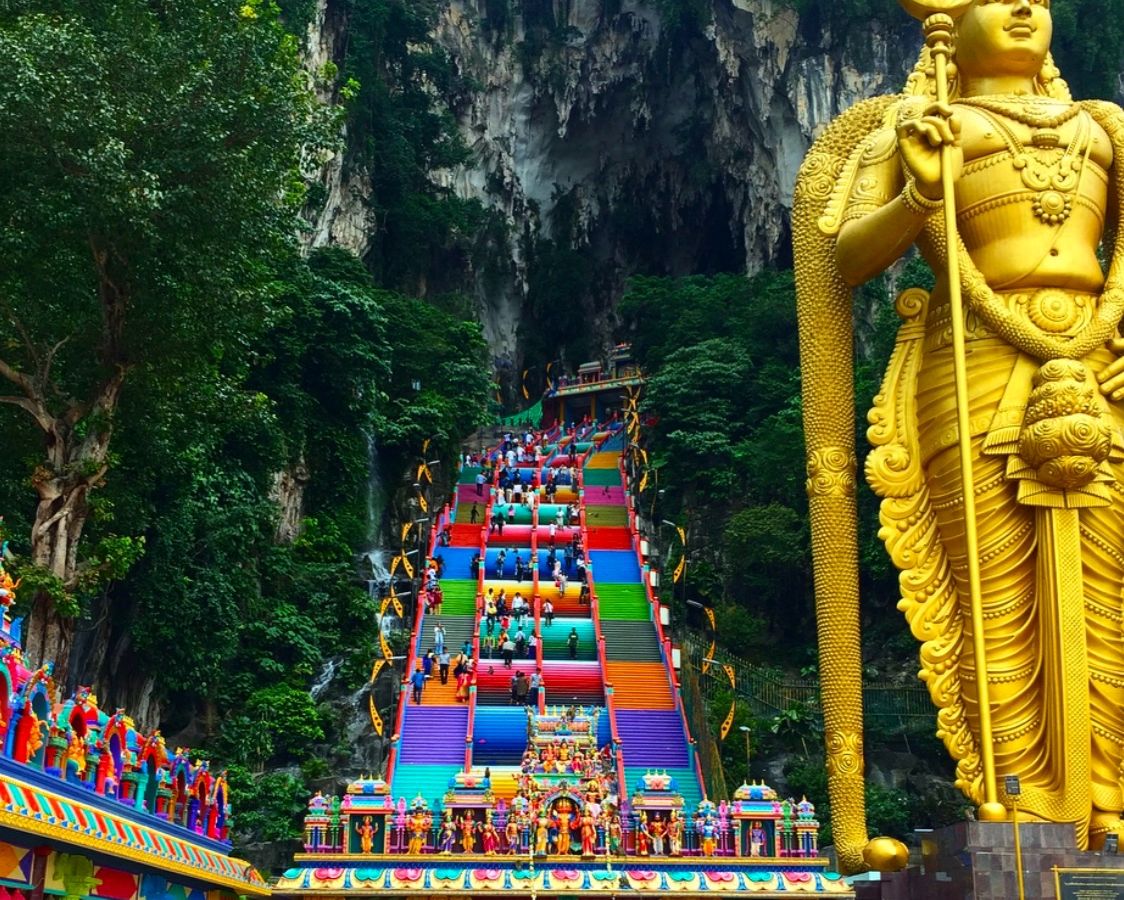 Batu Caves Temple in Malaysia Painted Rainbow Colors