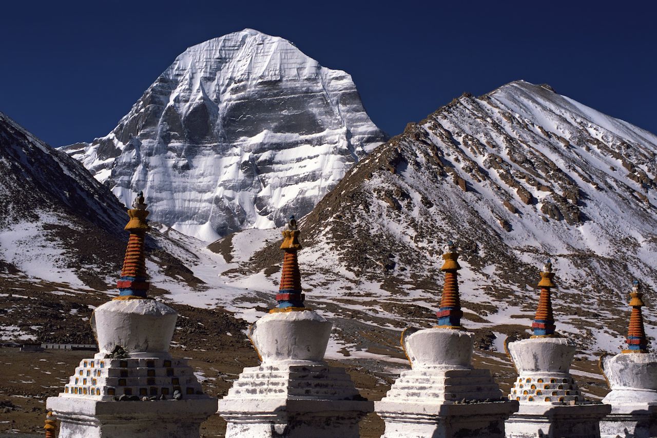 Buddhist ritual structures Stupas at the North Face of Mount Kailash in Western Tibet