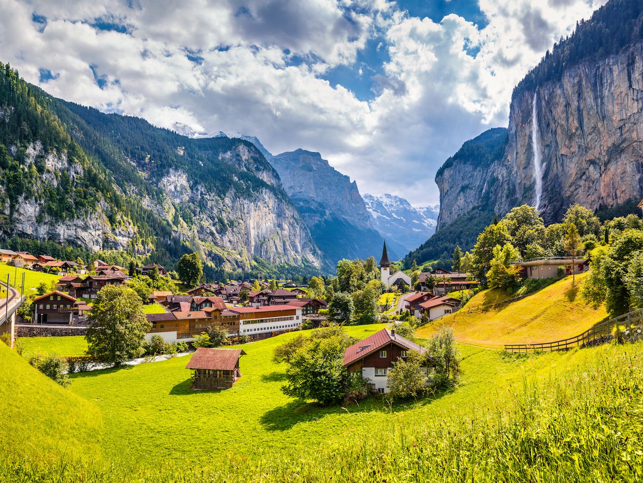 Waterfall in Lauterbrunnen Switzerland village