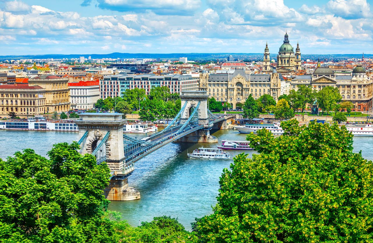 Chain bridge on the Danube river in Budapest city