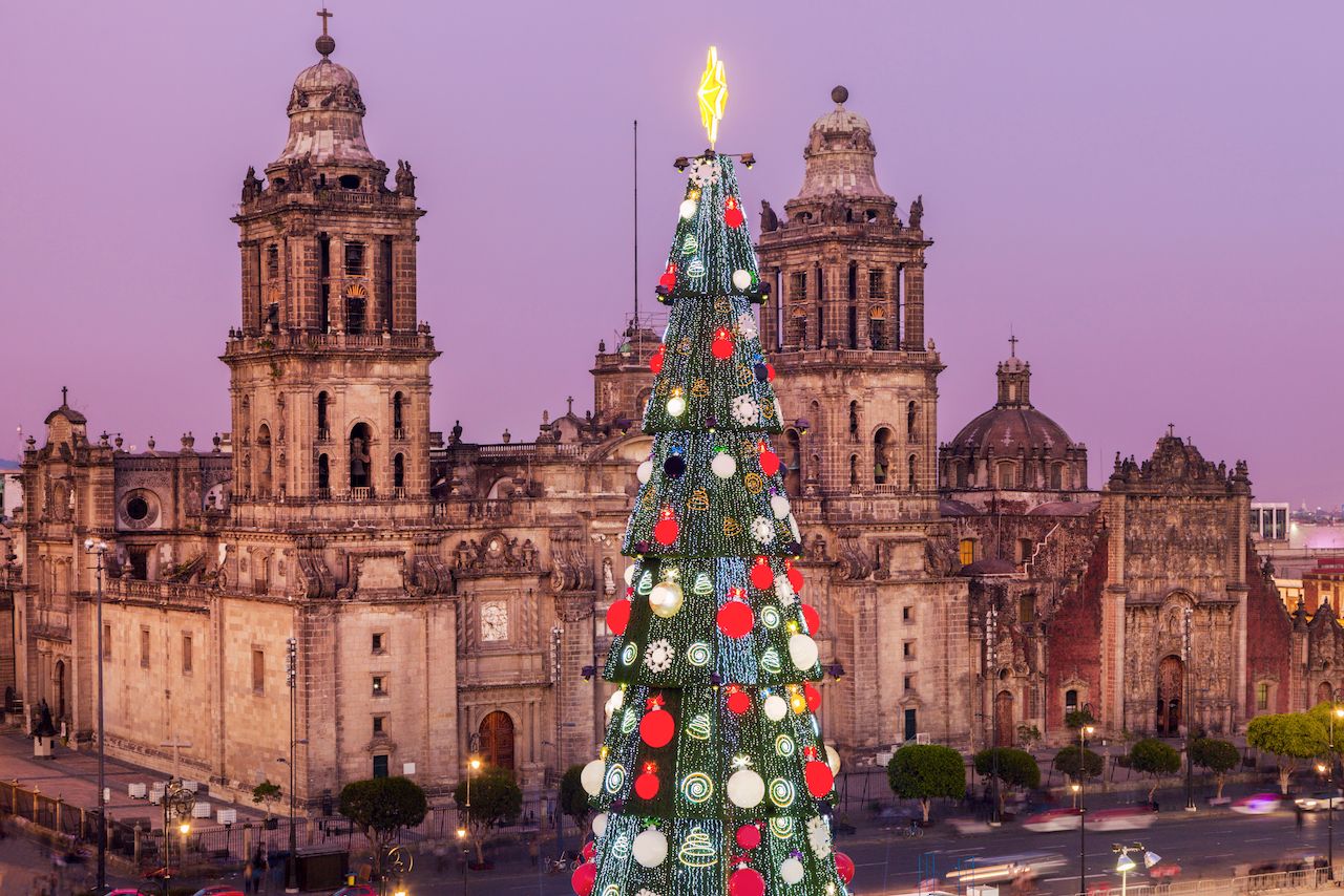 Metropolitan Cathedral and the famous Christmas tree on Zocalo square in Mexico City, Mexico