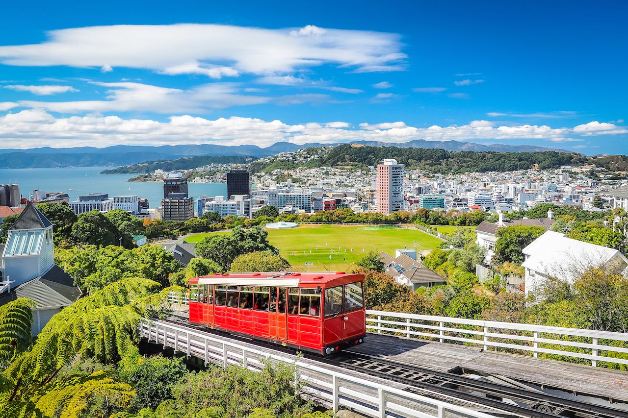 Red cable car and views of Wellington, New Zealand