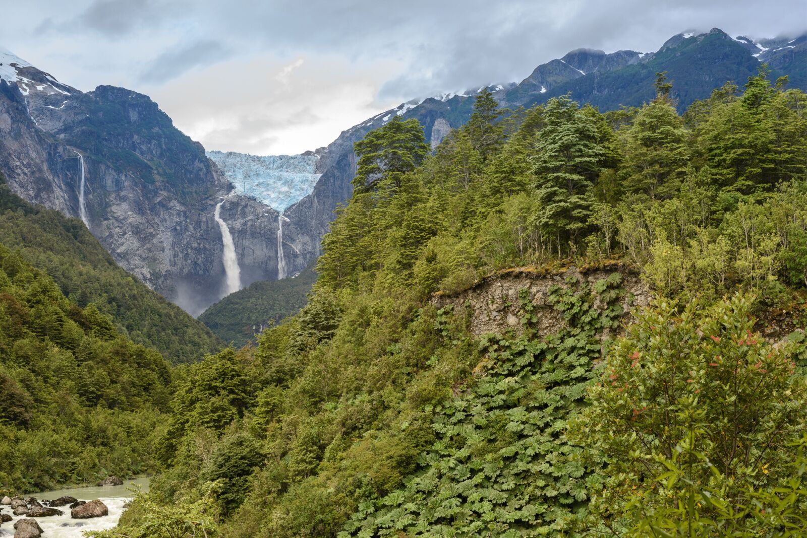 distant view of hanging glacier in Queulat National Park in Chile