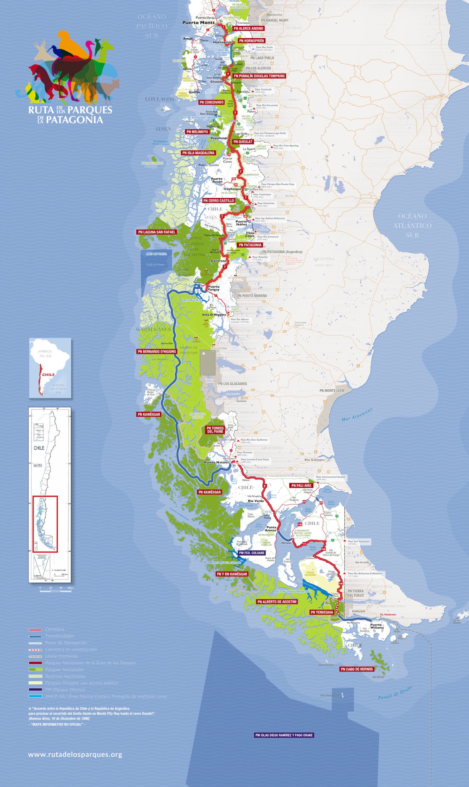 A map of the route past 17 Chile national parks
