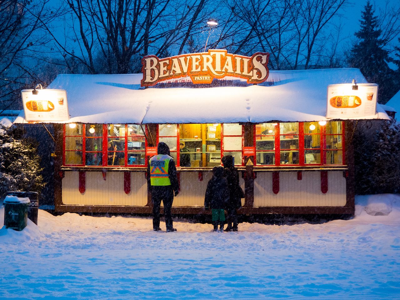 Beaver Tails pastry stand in Canada during winter
