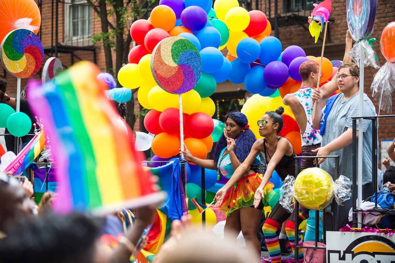 Colorful float at Pride month 2022 as it passes through Greenwich Village