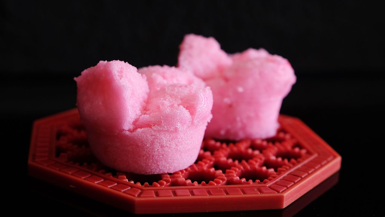 Two bright pink prosperity cakes, a popular Chinese dessert for the New Year