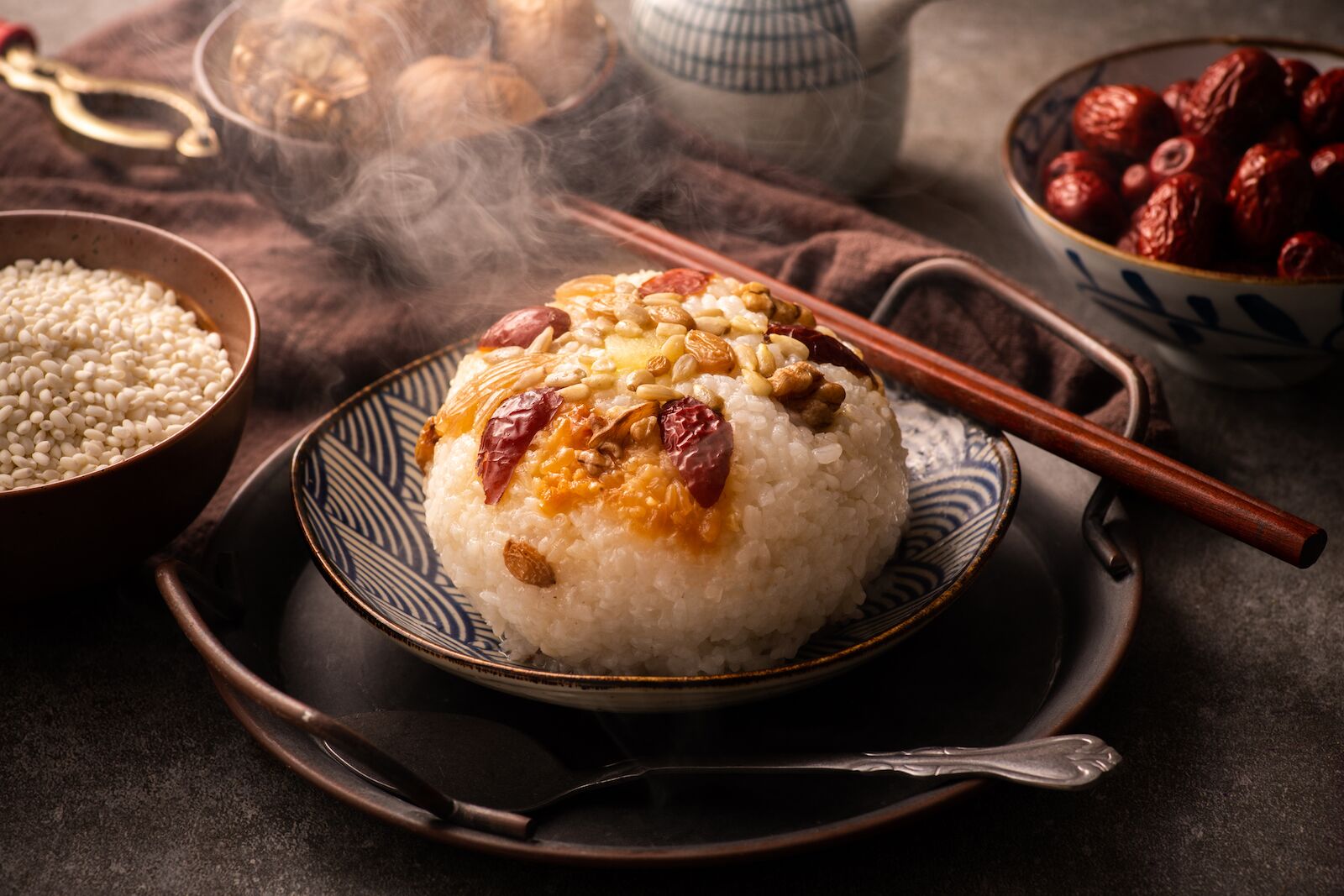 A steaming bowl of eight treasure rice pudding dessert