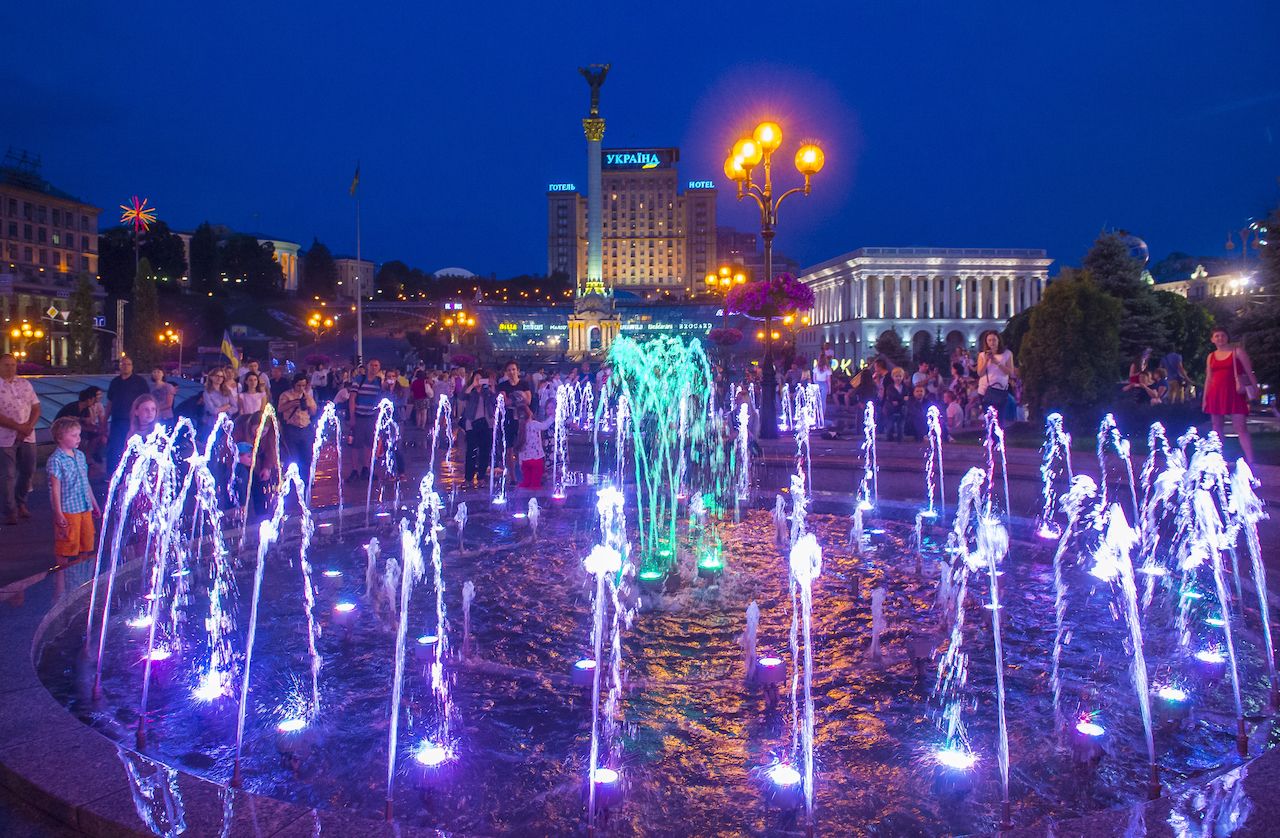 Colorful fountains in Kyiv, Ukraine