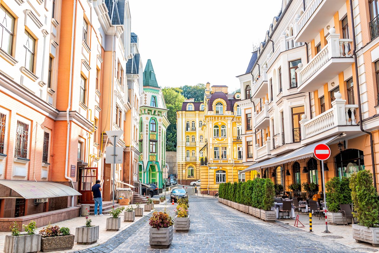 Street in Kyiv filled with colorful buildings