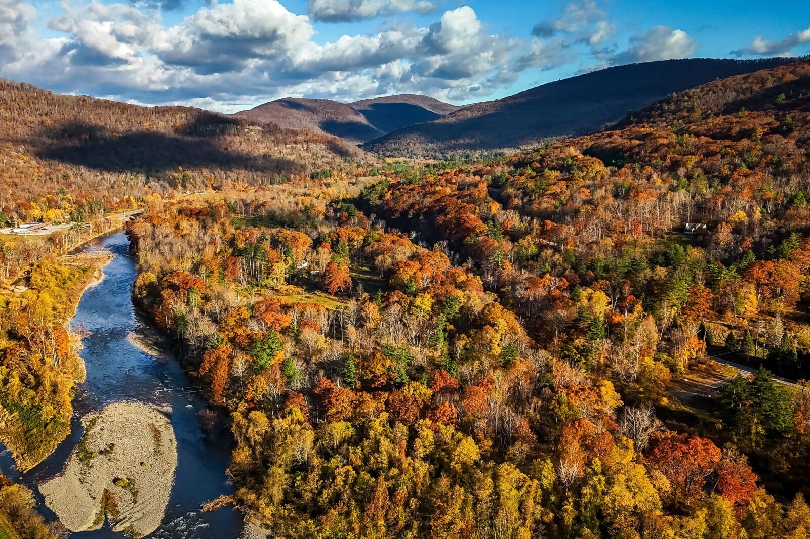 Foliage colors aerial view at Catskills Woodstock in New York at sunrise
