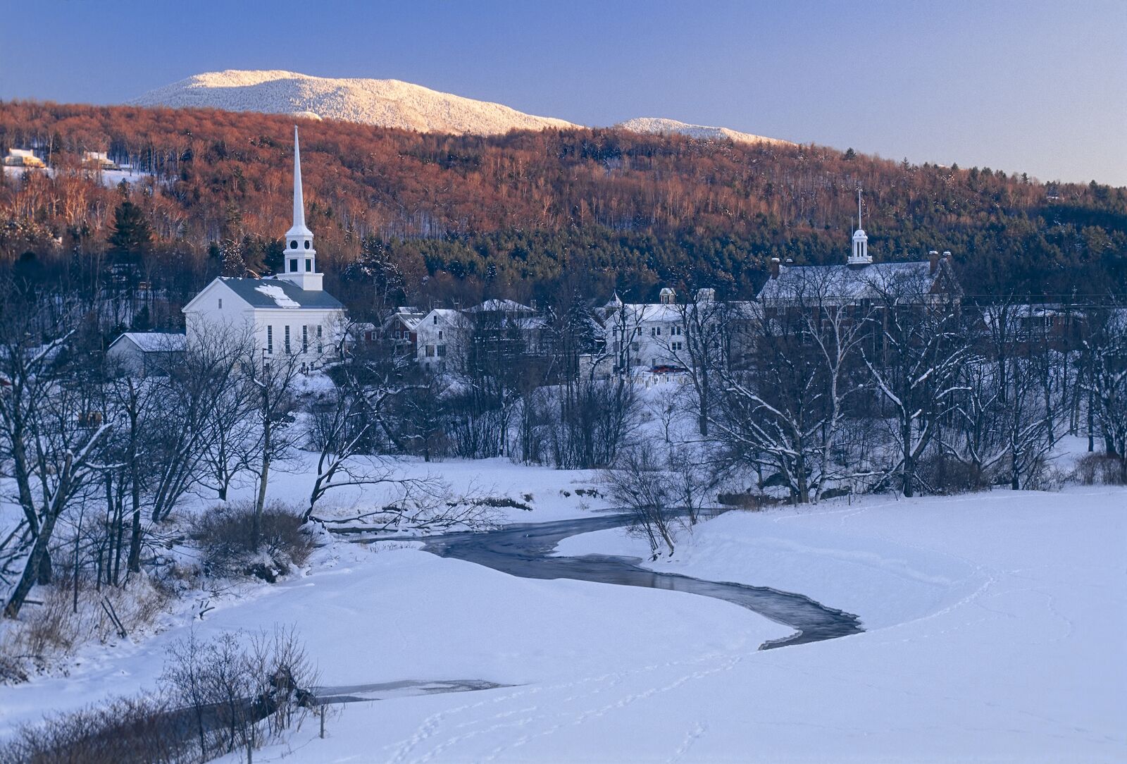 Village of Stowe in Vermont, accessible via the Amtrak's Vermonter, one of the best winter train rides in the world