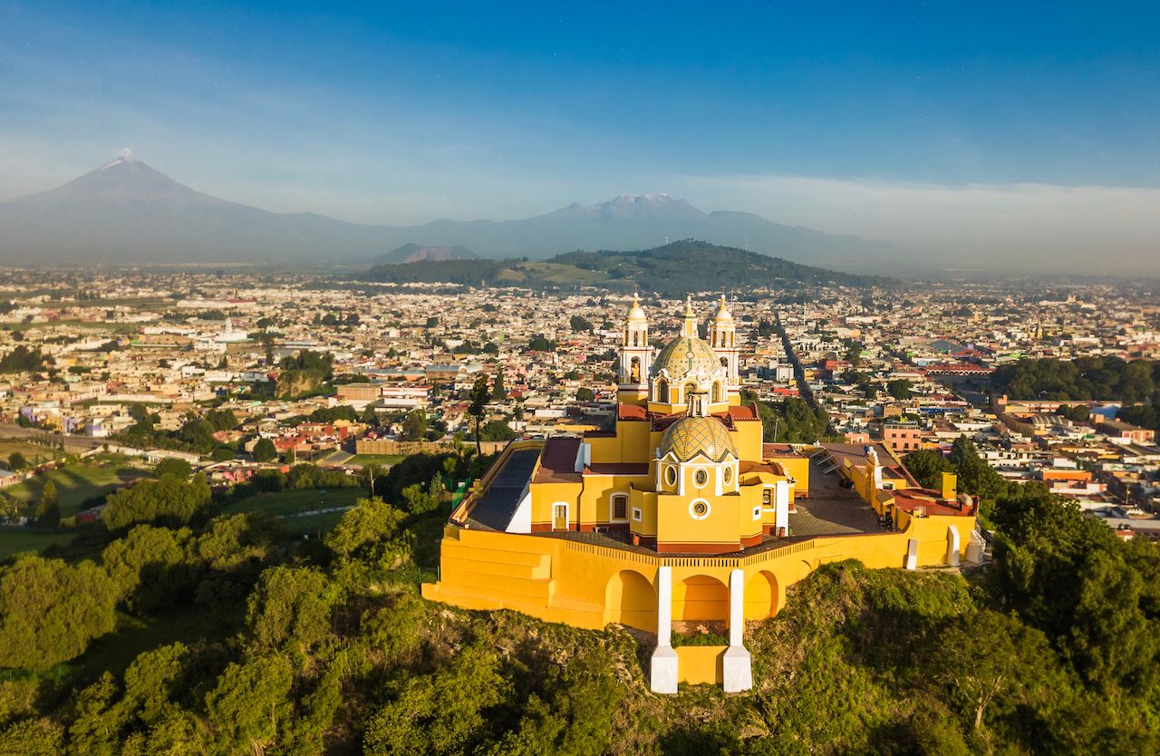 aerial view of Puebla Mexico and its church Cholula Pyramid