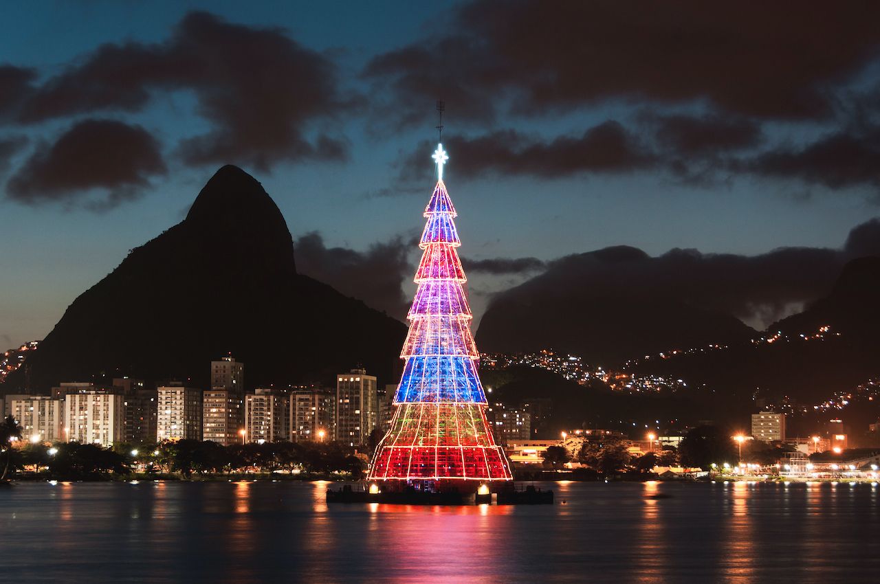 The famous floating Christmas tree in Rio de Janeiro lit up at night