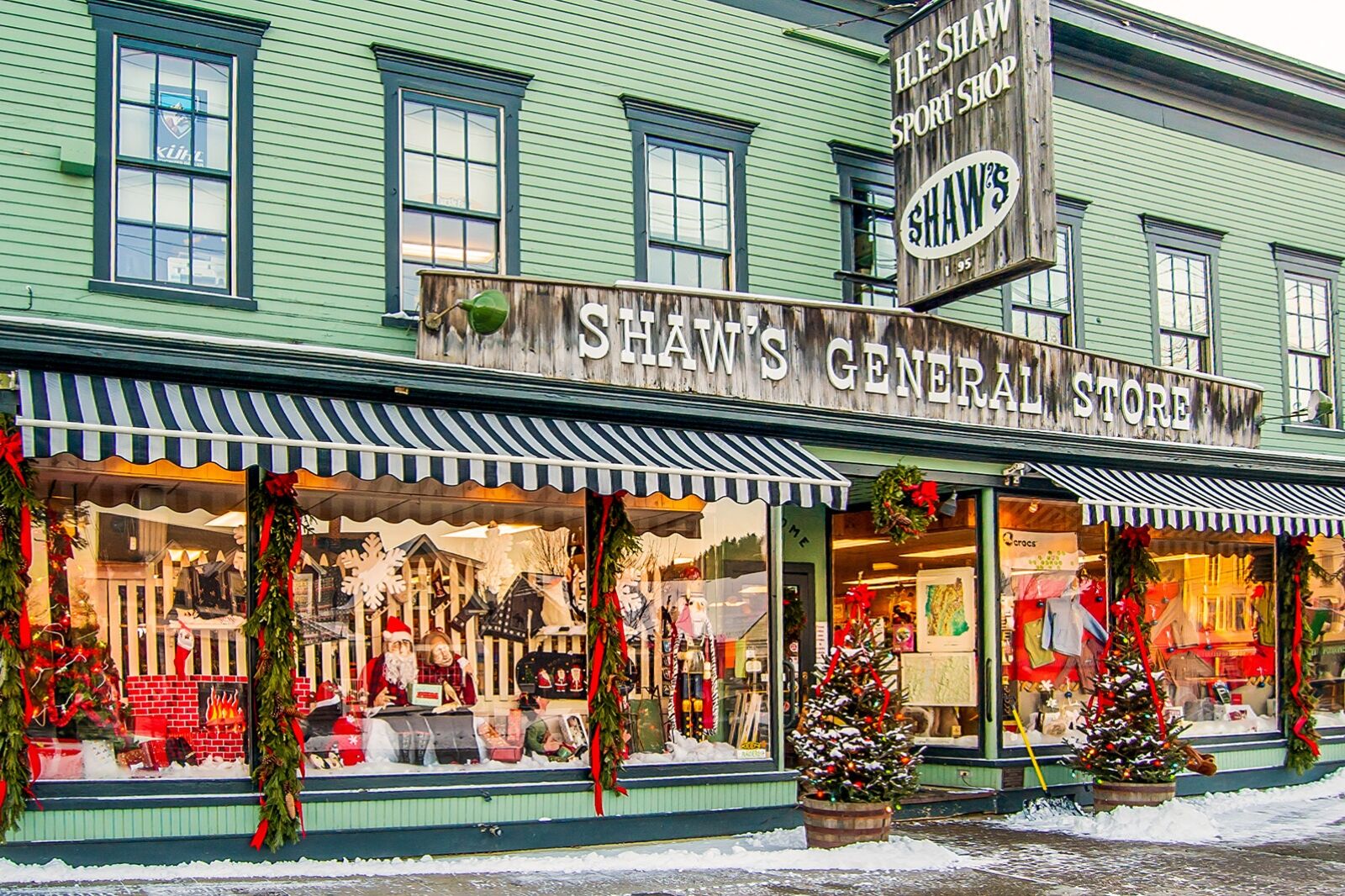 Shaw General Store on Main Street in Stowe, VT is ready for Christmas in this winter scene