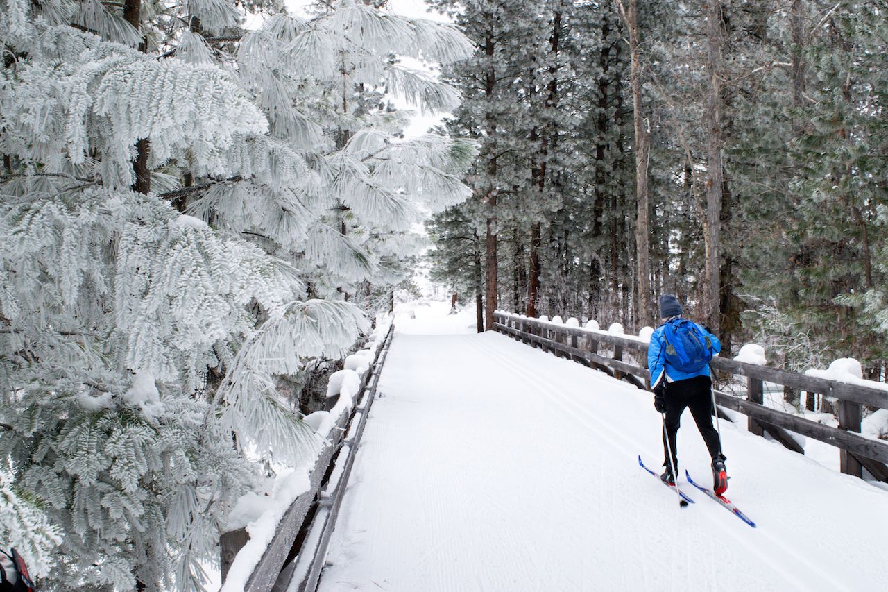 A person cross country skiing in Washington State at the Methow Community Trail