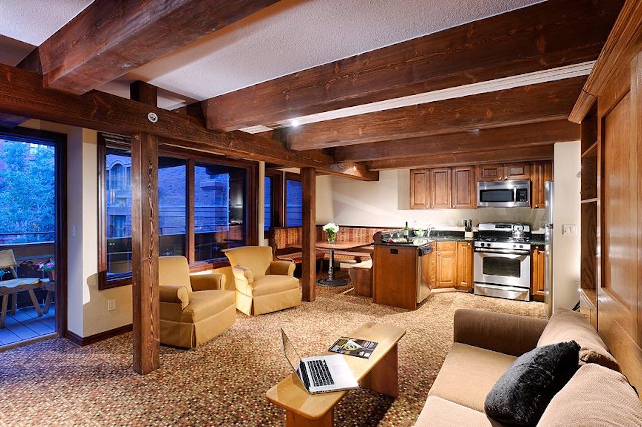 A suite at the Mountain Chalet, an affordable place to stay in Aspen in winter