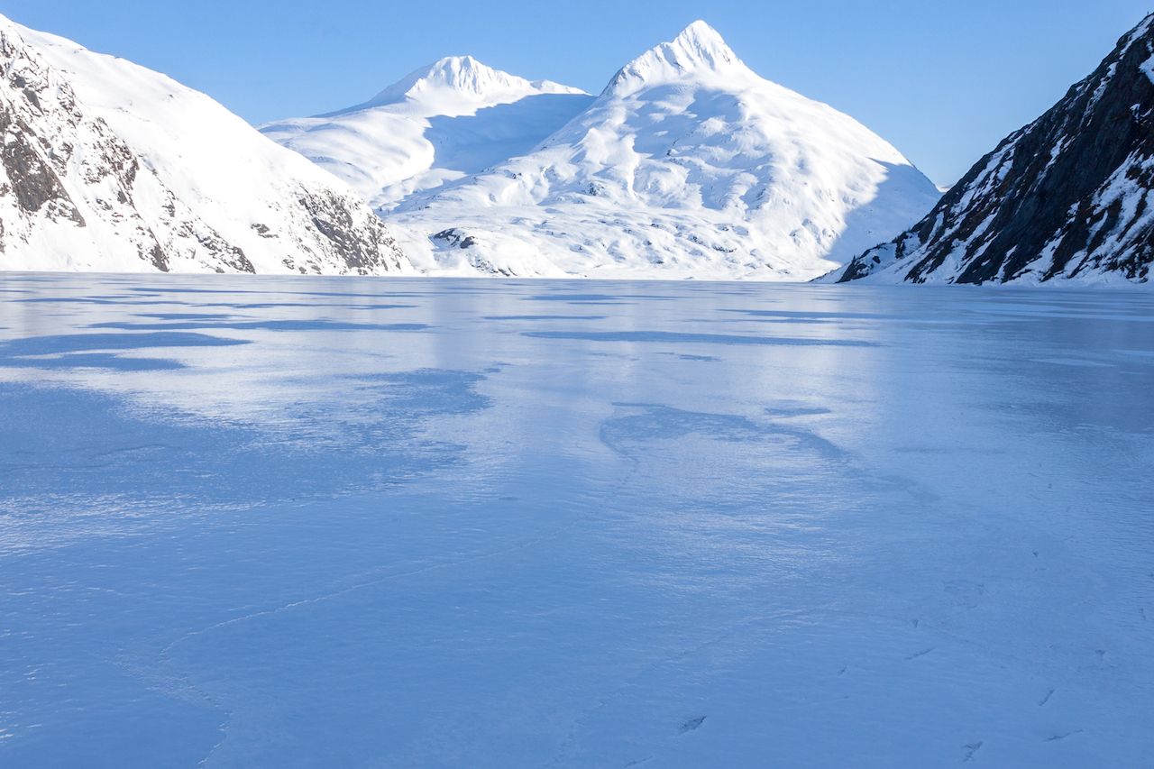 Ice frozen over the surface of Portage Lake, Alaska 