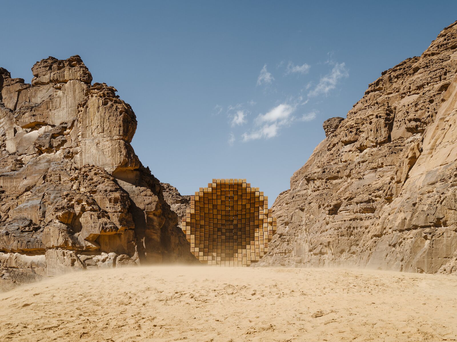 Art installation of a large wooden refuge in the Saudi Arabian desert for Desert X 2022.