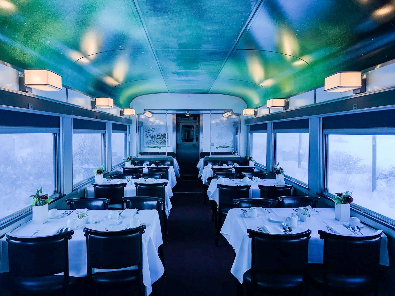 Dining car on the Vancouver to Jasper train with Via Rail