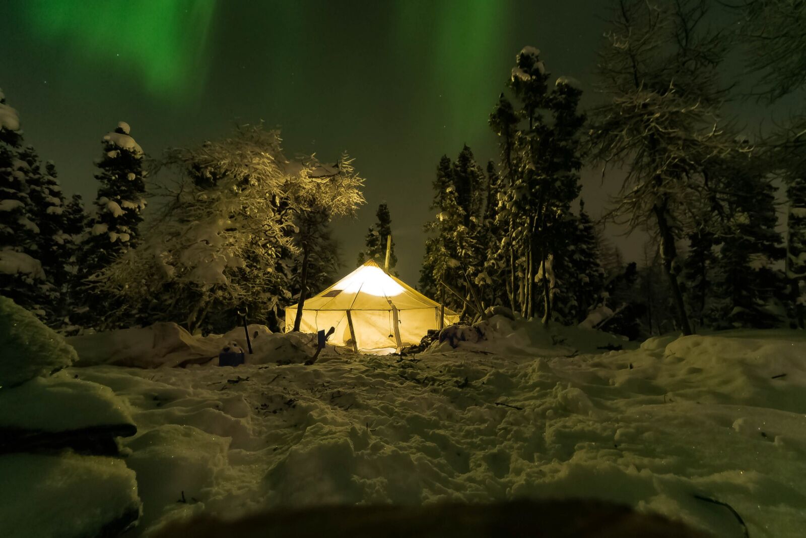 Camping tent illuminated in Nunavik, Canada