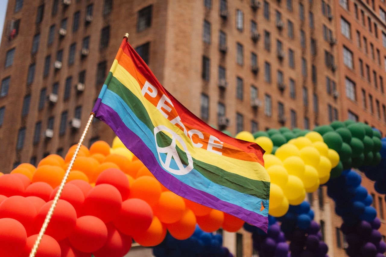Pride Month 2022 in NYC Peace flat with colorful balloons 