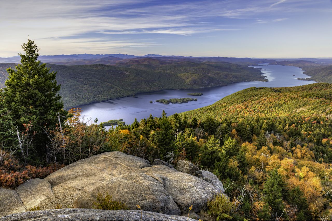 The Northern end of Lake George and the Tongue Mountain Range seen from a lookout on Black Mountain in the Adirondack Mountains of New York