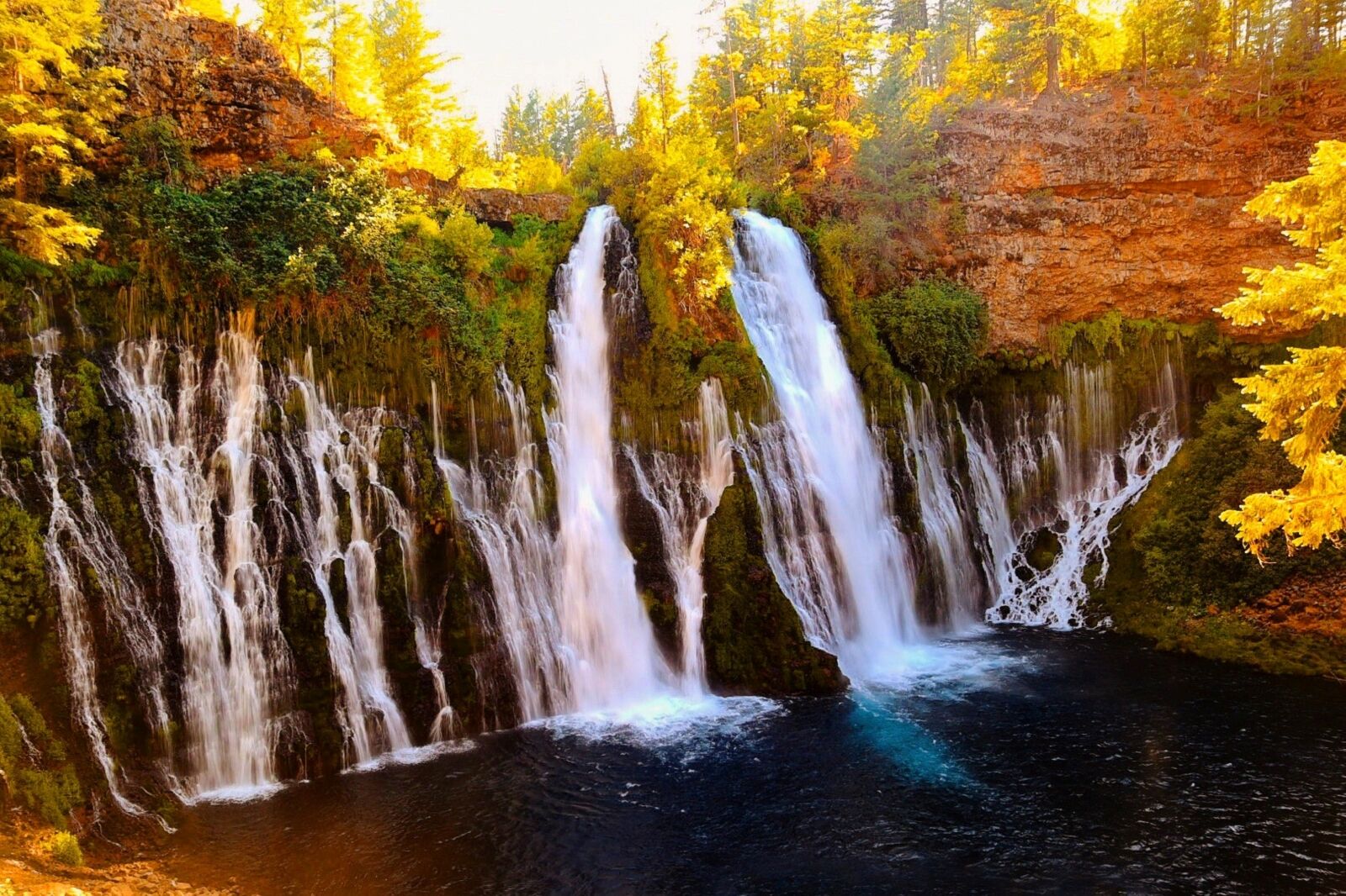 A majestic waterfall cascades into a serene pool, surrounded by lush greenery and towering trees. Sunlight filters through the foliage, casting a warm glow over the scene.