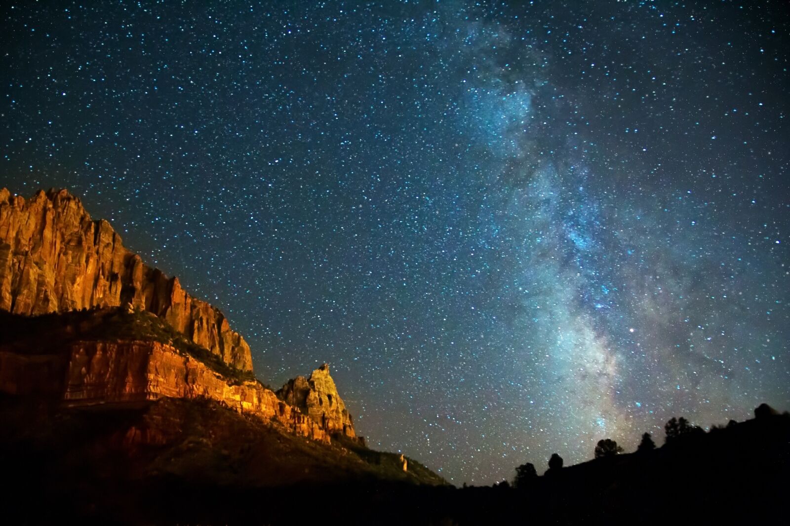 Zion Canyon National Park at night with starry sky 