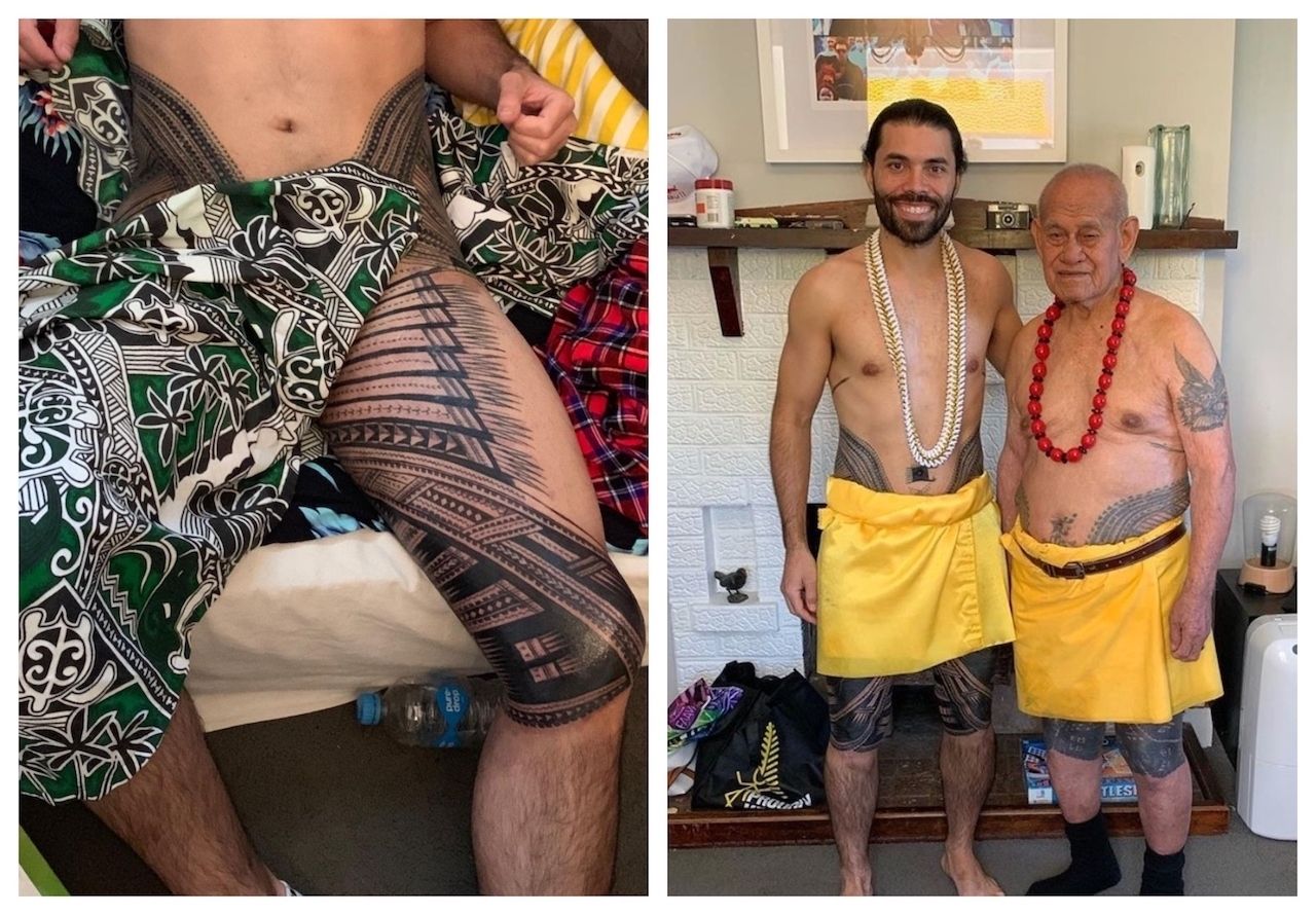 On the right, Braden Ta’ala and his 90-year-old grandpa, both bearing the Pe'a