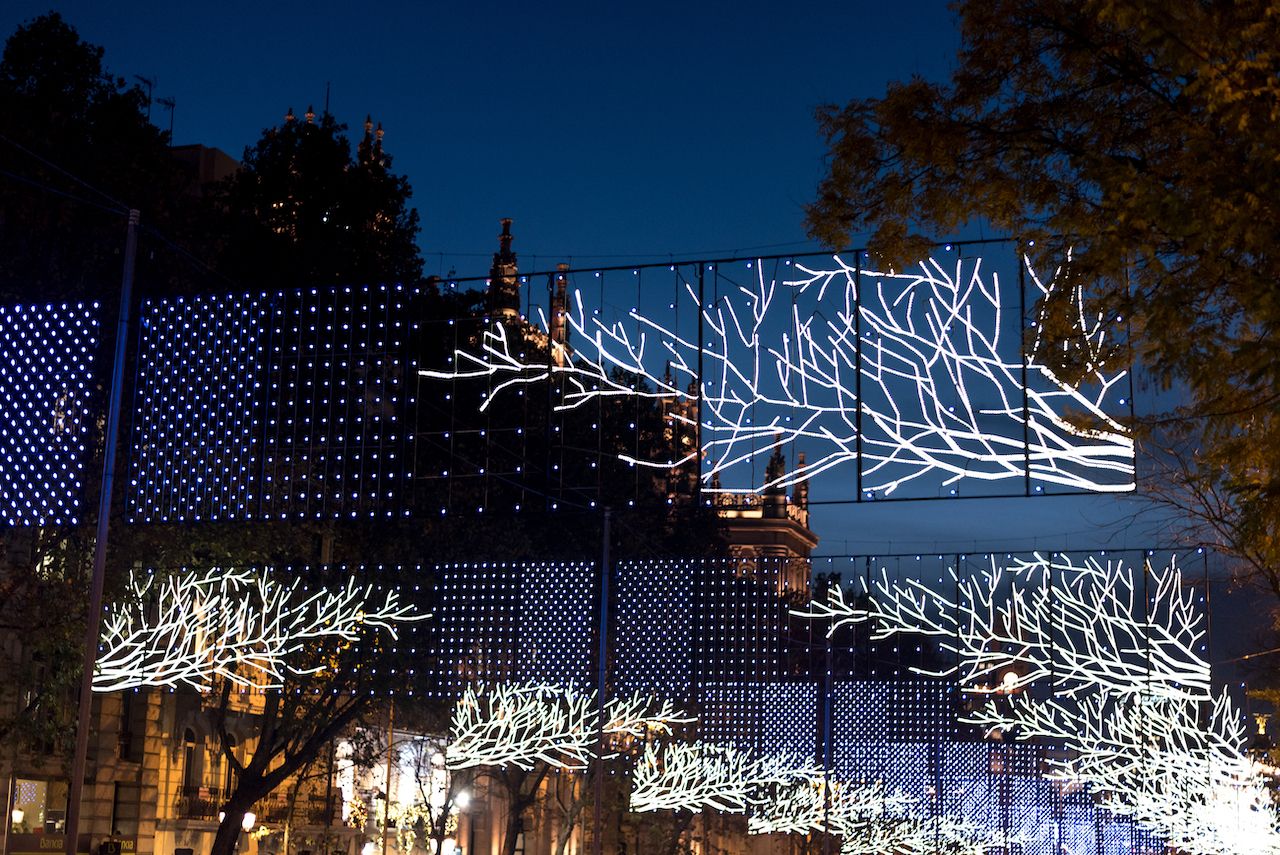 Holiday light displays in Madrid make it look like snowy branches are hanging out the street