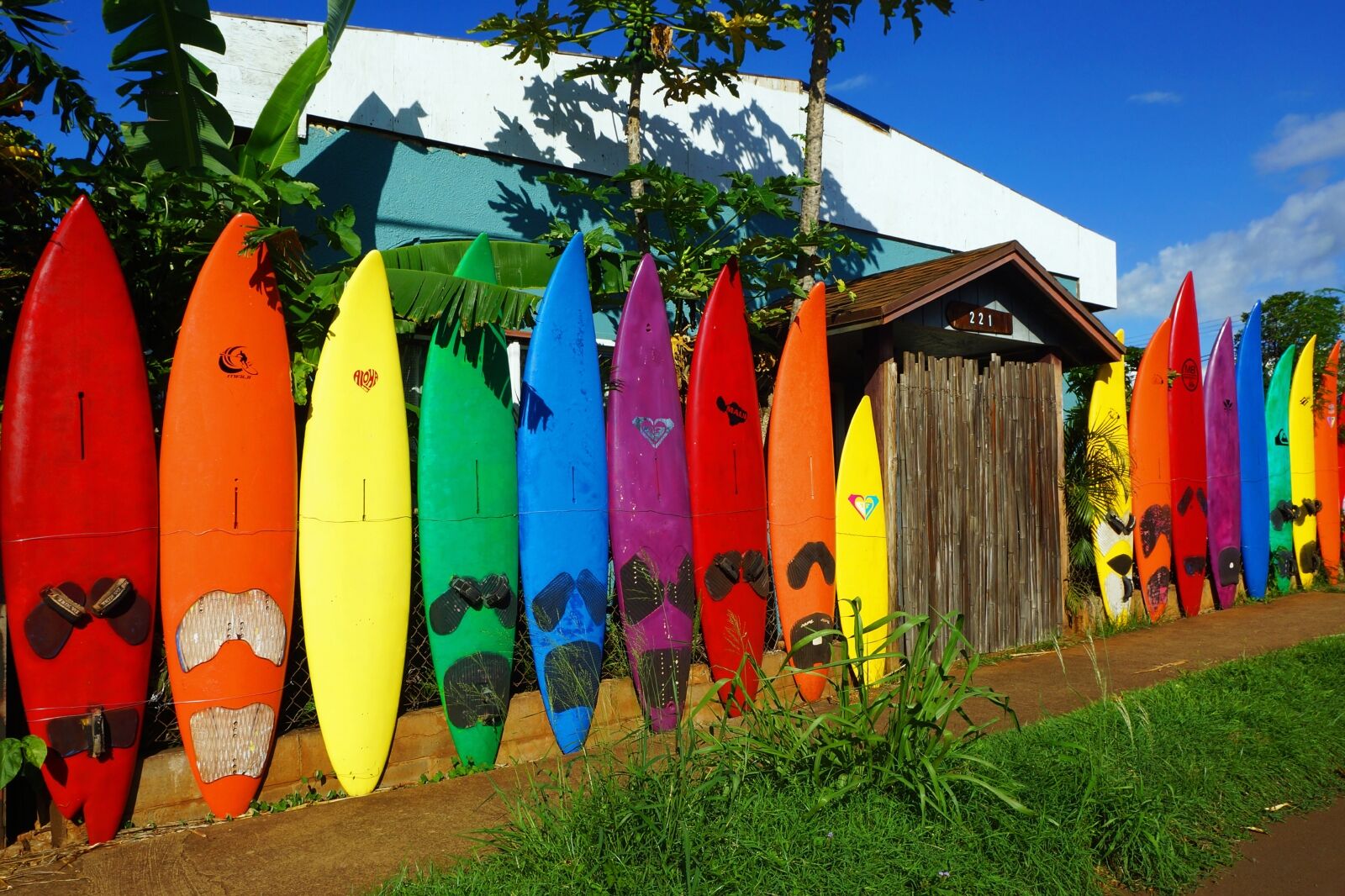 Paia, Maui, Hawaii, Fence made of old surfboards, as seen from the public road. 