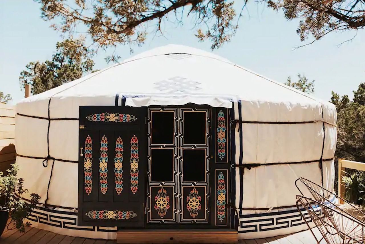 A Mongolian-style yurt with an ornate door